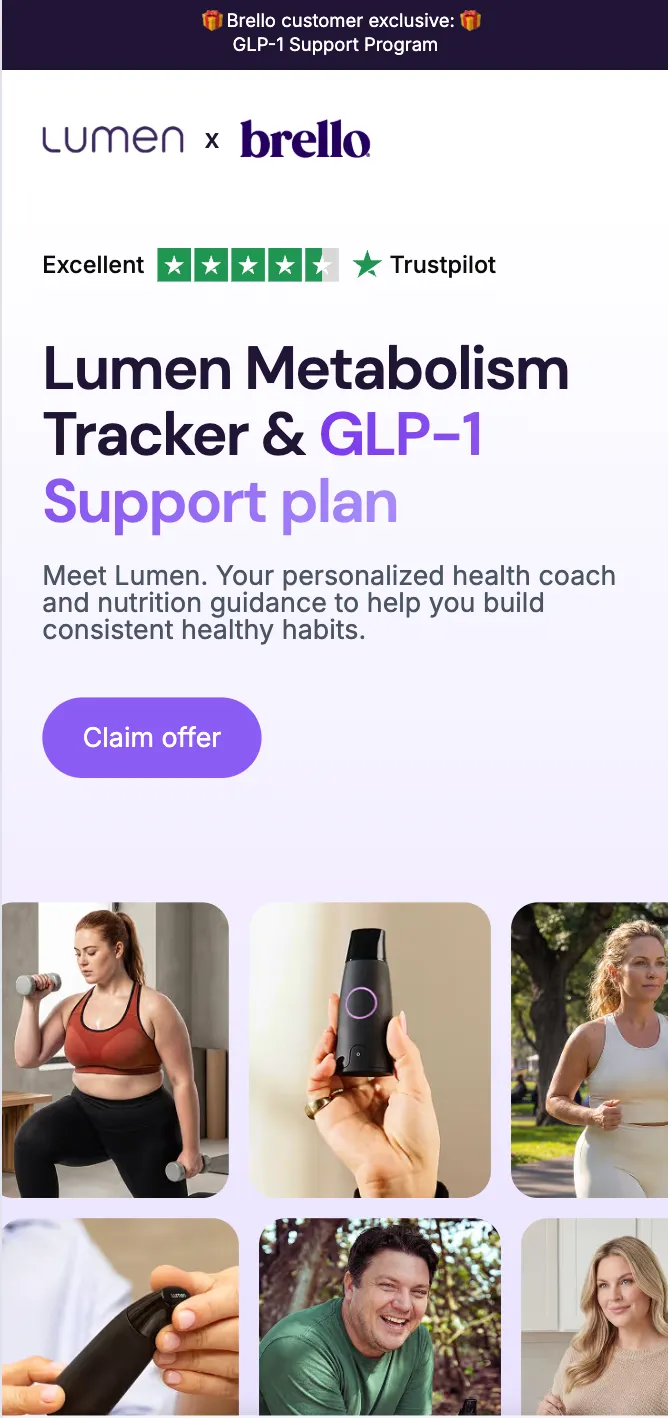 Lumen × Brello GLP-1 program page: Brello customer-exclusive banner, Lumen × Brello lockup, Excellent Trustpilot rating, the Metabolism Tracker & GLP-1 Support plan headline and a Claim offer CTA