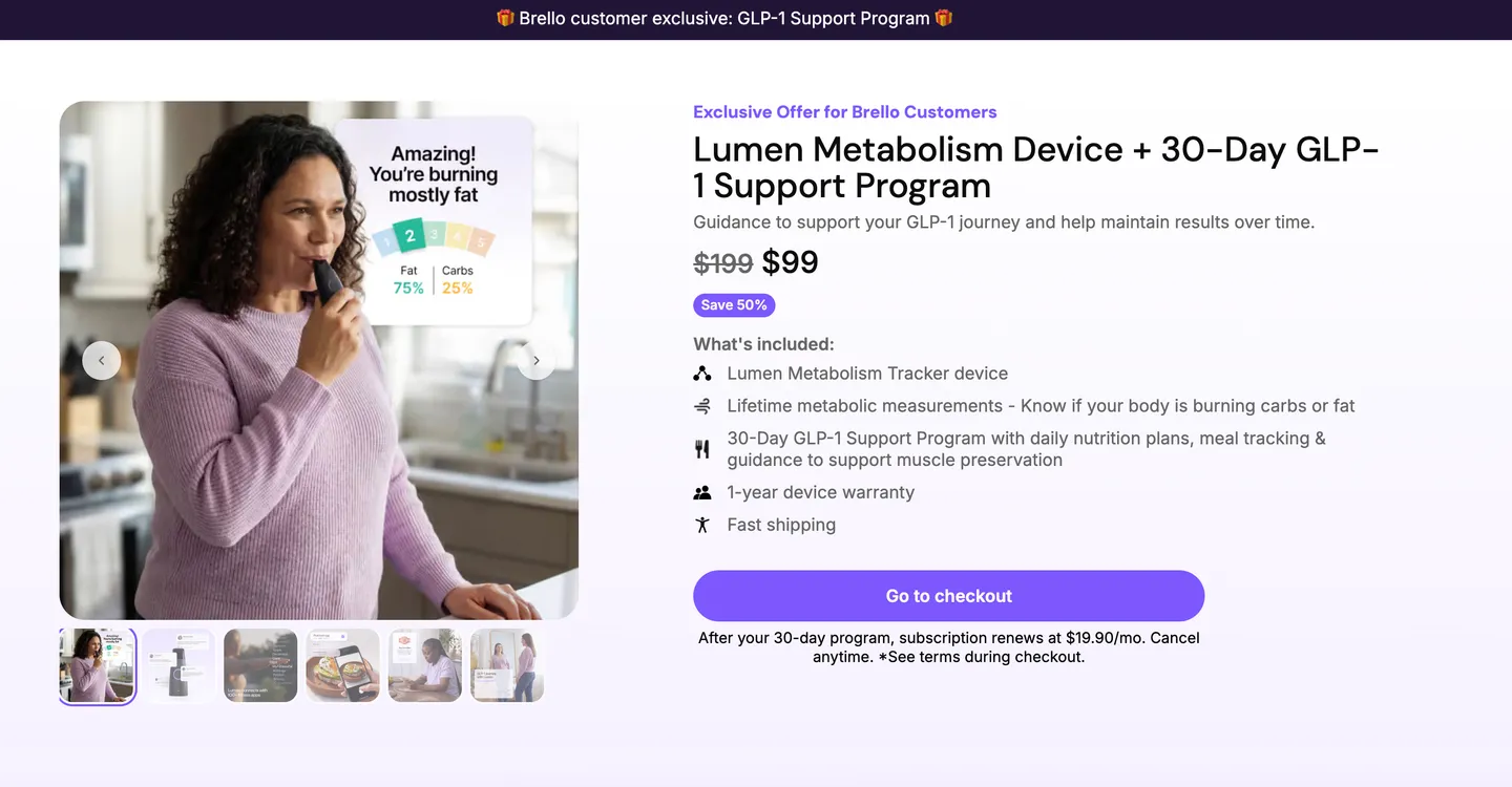Lumen × Brello offer page: the Metabolism Device plus 30-Day GLP-1 Support Program at $99 down from $199, a Save 50% badge, an itemised what is included list and a Go to checkout button
