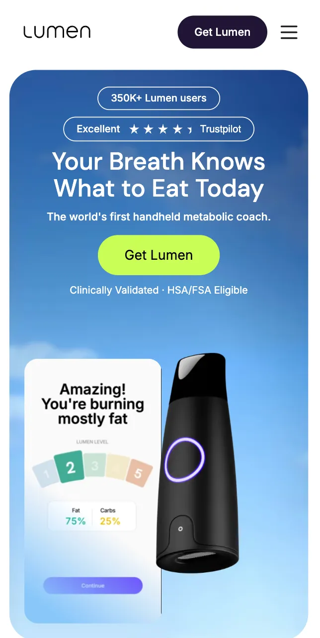 Lumen homepage: 350K+ users and Trustpilot badges above the headline "Your Breath Knows What to Eat Today", with the device and an in-app metabolism reading