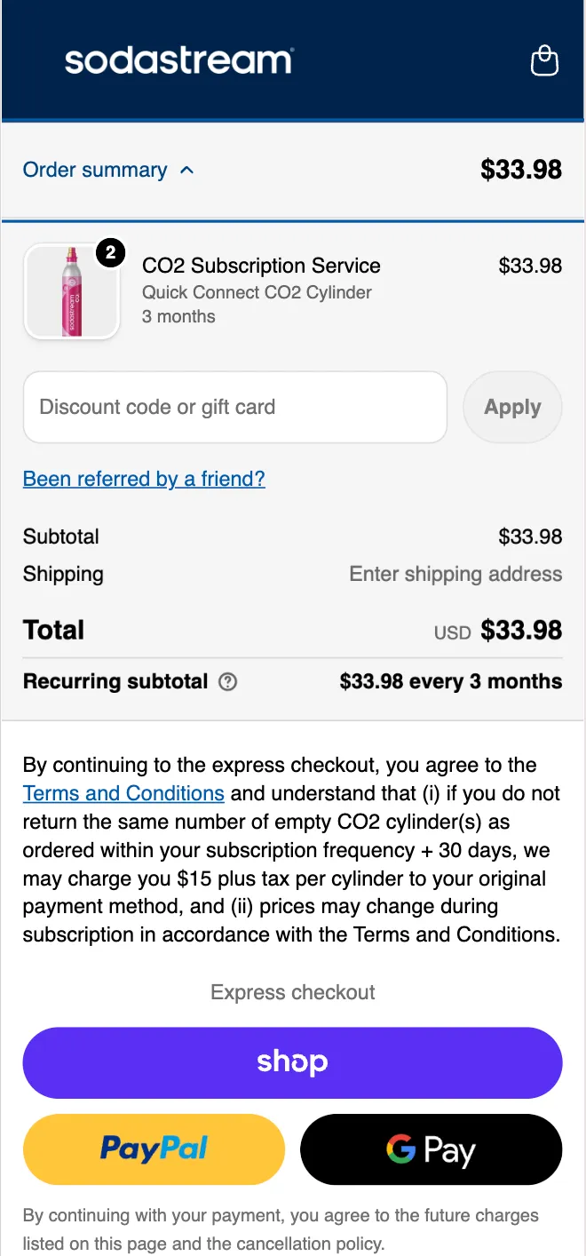 SodaStream Shopify checkout with order summary and express payment options