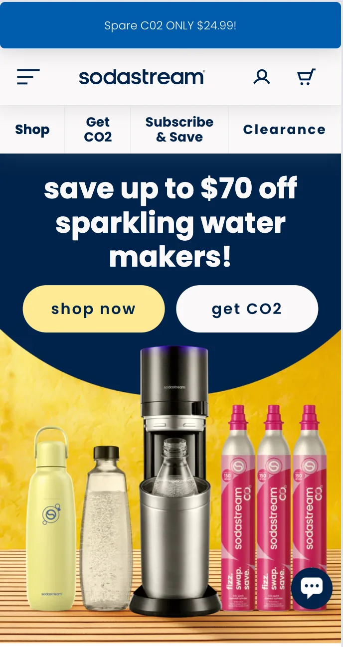 SodaStream mobile homepage: a "Spare CO2 ONLY $24.99" promo bar above a Shop / Get CO2 / Subscribe & Save / Clearance nav, and a hero reading "save up to $70 off sparkling water makers!" with two competing CTAs, shop now and get CO2
